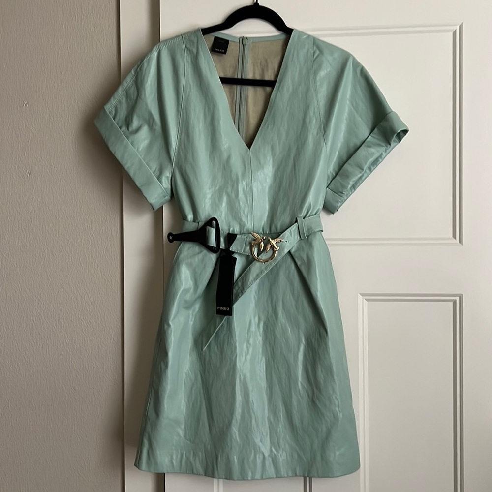 NEW W/ TAG. PINKO Shine Leather Dress Size38